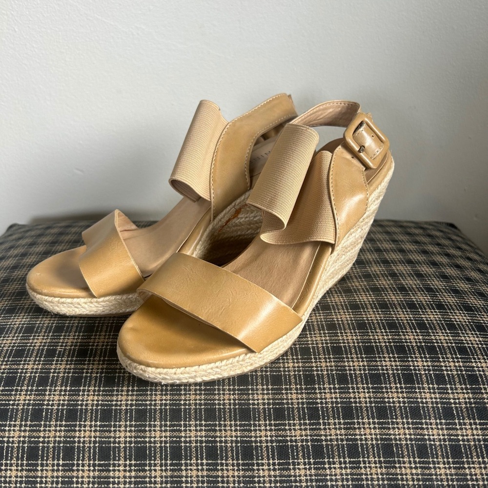 Nine West Lizzy Espadrille Jute Wrap Wedge Sandal Size 5 Tan Beige